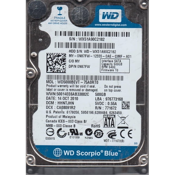 WD5000BEVT-75A0RT0, DCM HHNTJHN, Western Digital 500GB SATA 2.5 Hard Drive
