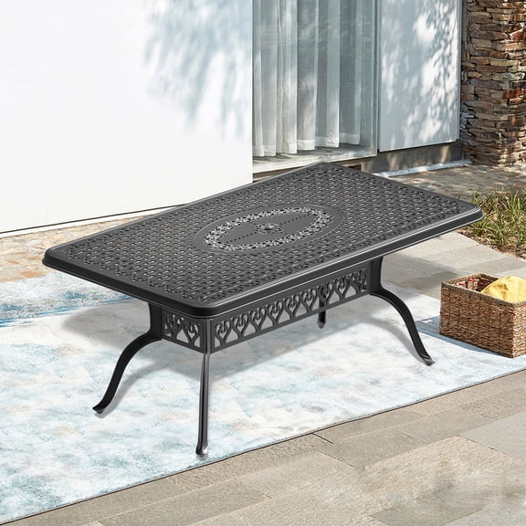 Outdoor Dining Table L68.9*W37.4-inch Cast Aluminum Patio Dining Table With Black Frame and Umbrella Hole,Patio Table