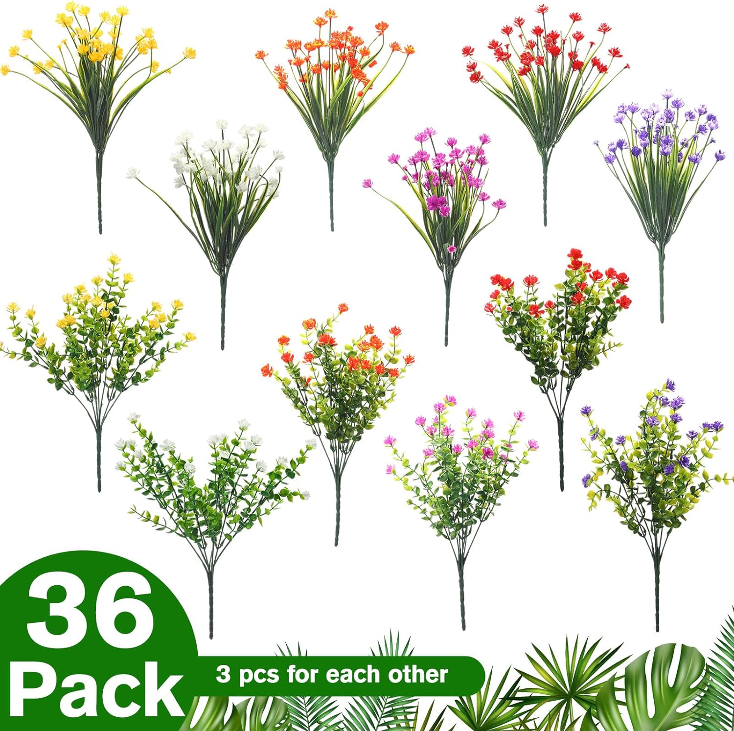 36 Bundles Artificial Flowers Outdoor, UV Resistant Faux Artificial Plants Shrubs Flower Bulk for Hanging Planter Porch Window Home Wedding Spring Summer Decor (Bright Colors)