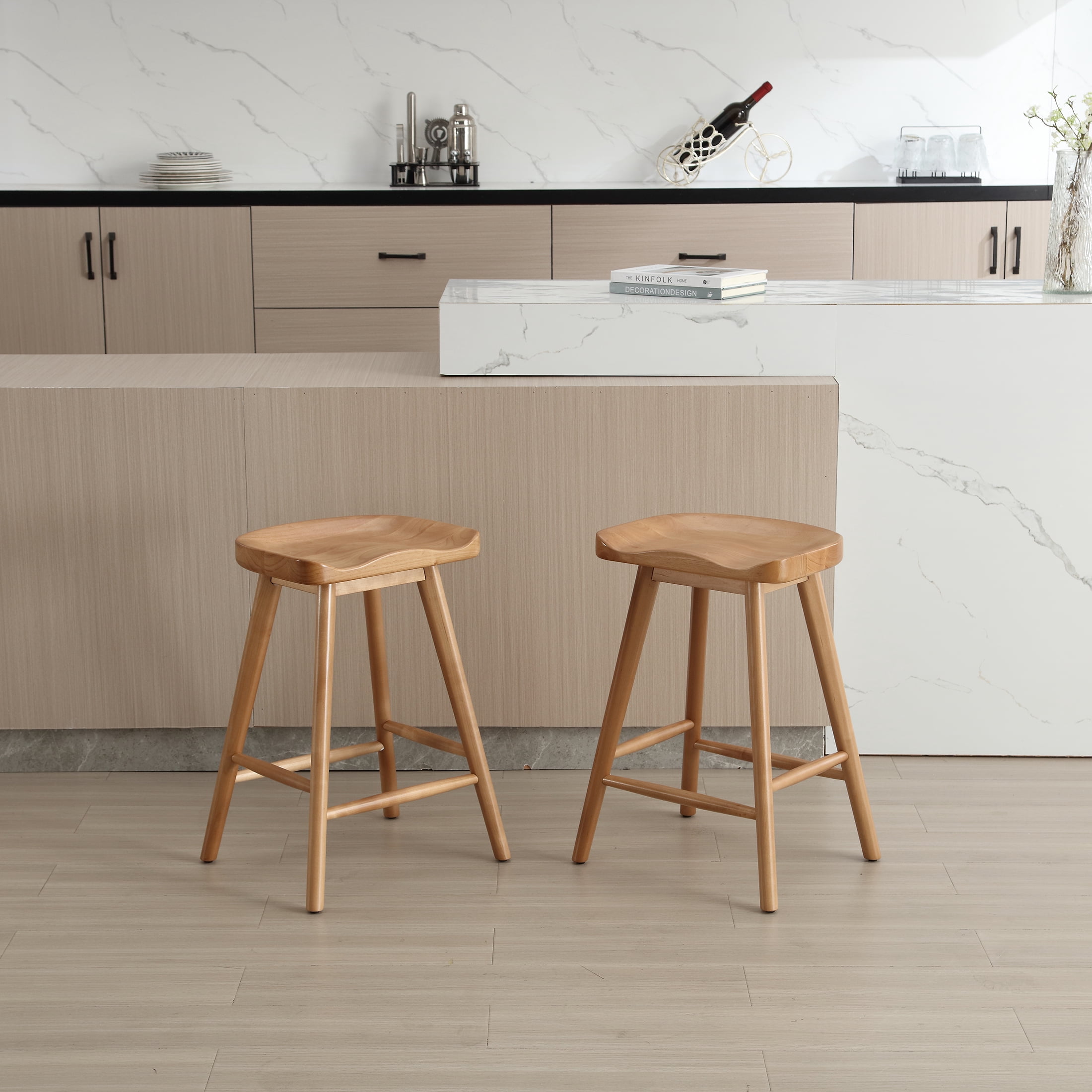 Guyou Backless Counter Stools Set of 2, 24 Inch Rustic Farmhouse Wooden Saddle Stools, Bar Stools for Kitchen Island Bar Bistro, Brown