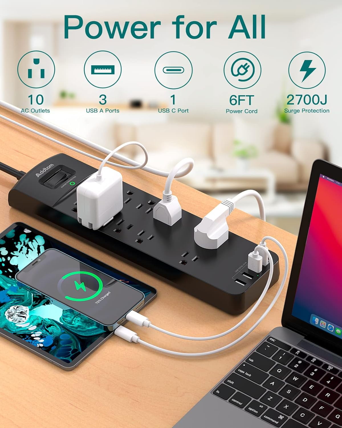 Power Strip - Surge Protector with 10 Outlets and 4 USB Ports, 6 Feet Extension Cord with Flat Plug, 2700 Joules, ETL Listed, Black