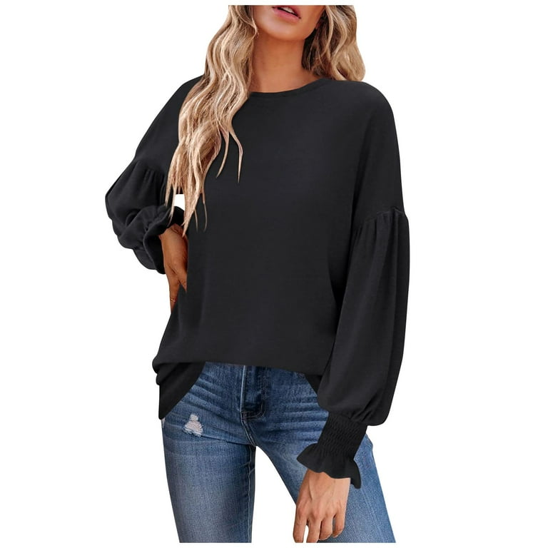LEZMORE Trendy Blouse for Women, Round Neck, Lantern Sleeves Top