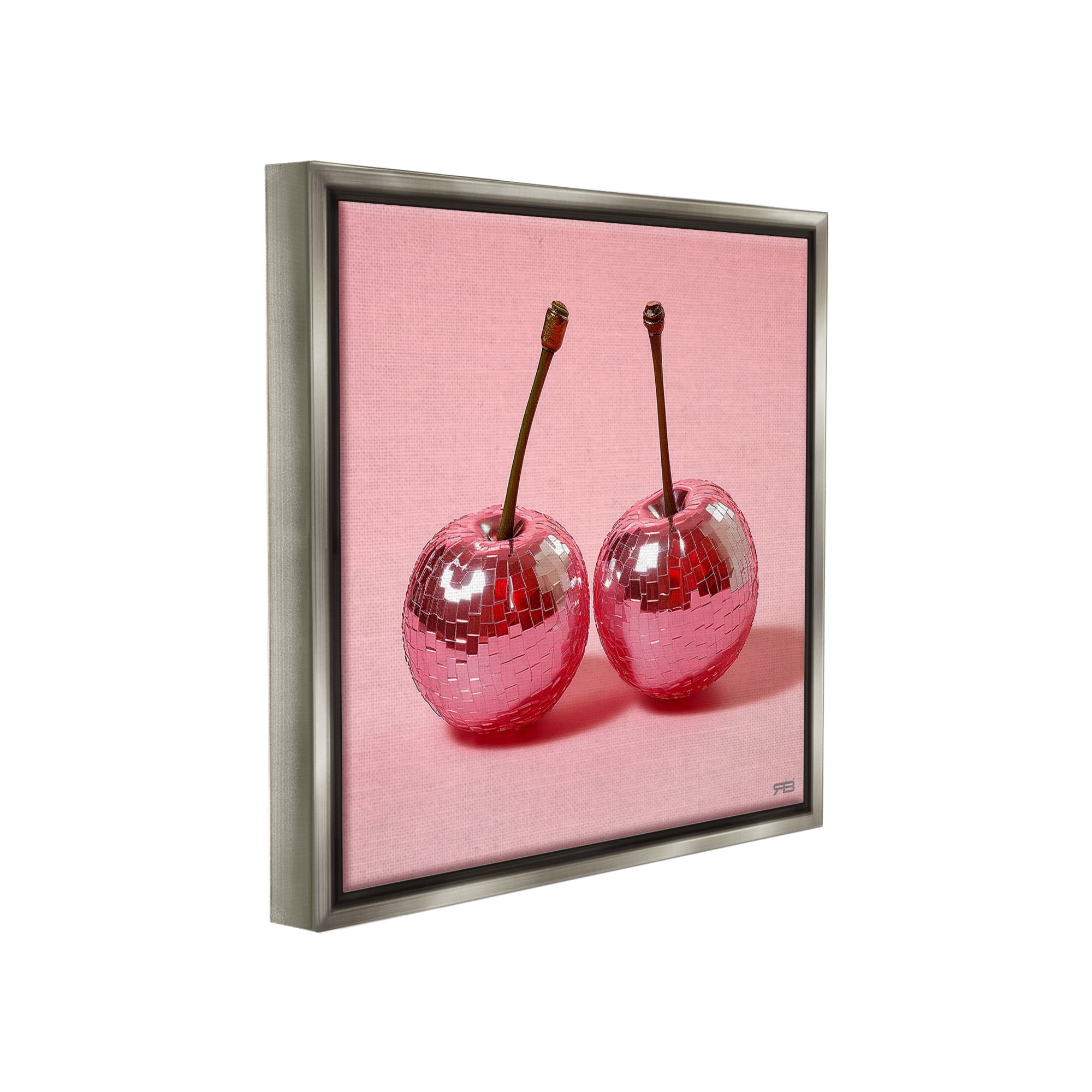 Stupell Industries Reflective Cherries on Pink Food & Beverage Painting Gray Floater Framed Canvas Art Print Wall Art, 18 x 18