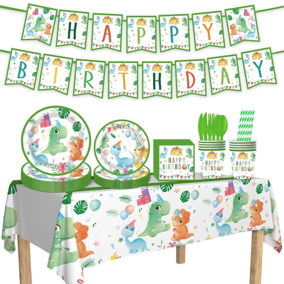 Green Dinosaur Happy Birthday Party Tableware & Decor Set - Serves 10, Includes 7/9 Inch Plates, Cups, Napkins, Cutlery, Straws, Banner & Tablecloth, Perfect for Kids’ Dinosaur Themed Birthdays