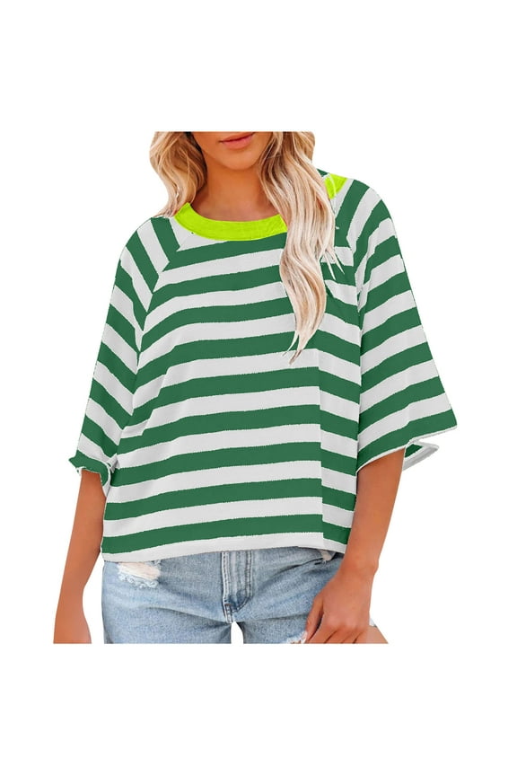 Women's Fashi 3/4 Sleeved Top Striped Knitted T-shirt Loose Fitting T-Shirt 2024 Popular New Tops Mint Green XL