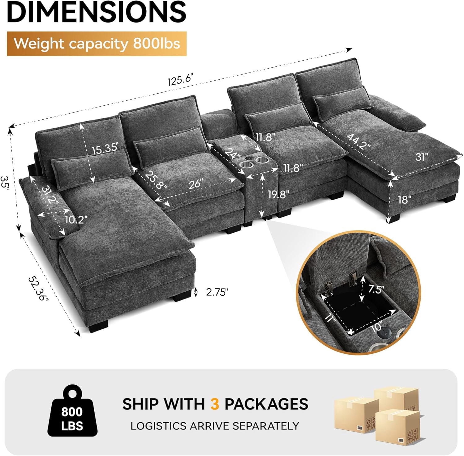 125'' U Shaped Cloud Modular Sectional Sofa with Chaise Lounges, Chenille Upholstered Comfy Couch with Storage Console, USB Charging Ports & Cup Holders, Modern Deep Seat Sofa for Living Room, Black