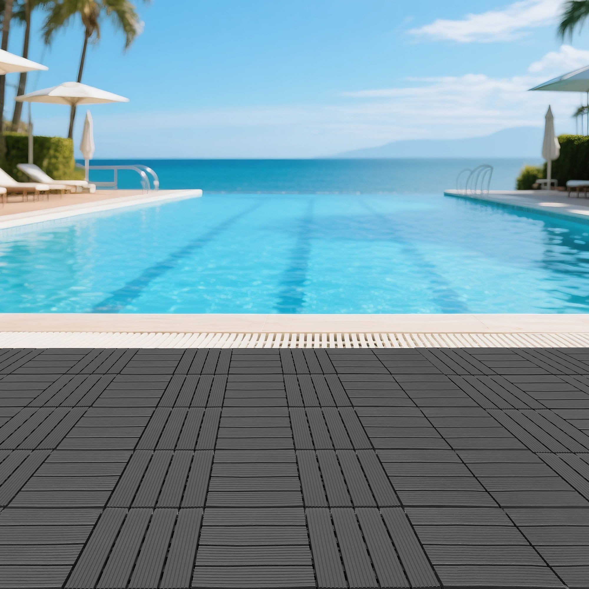 44 Pack 12"×12" Interlocking Deck Tiles, Dark Gray PP Plastic Waterproof Floor Tiles, All-Weather Patio Pool Balcony Decking Tiles for Indoor Outdoor
