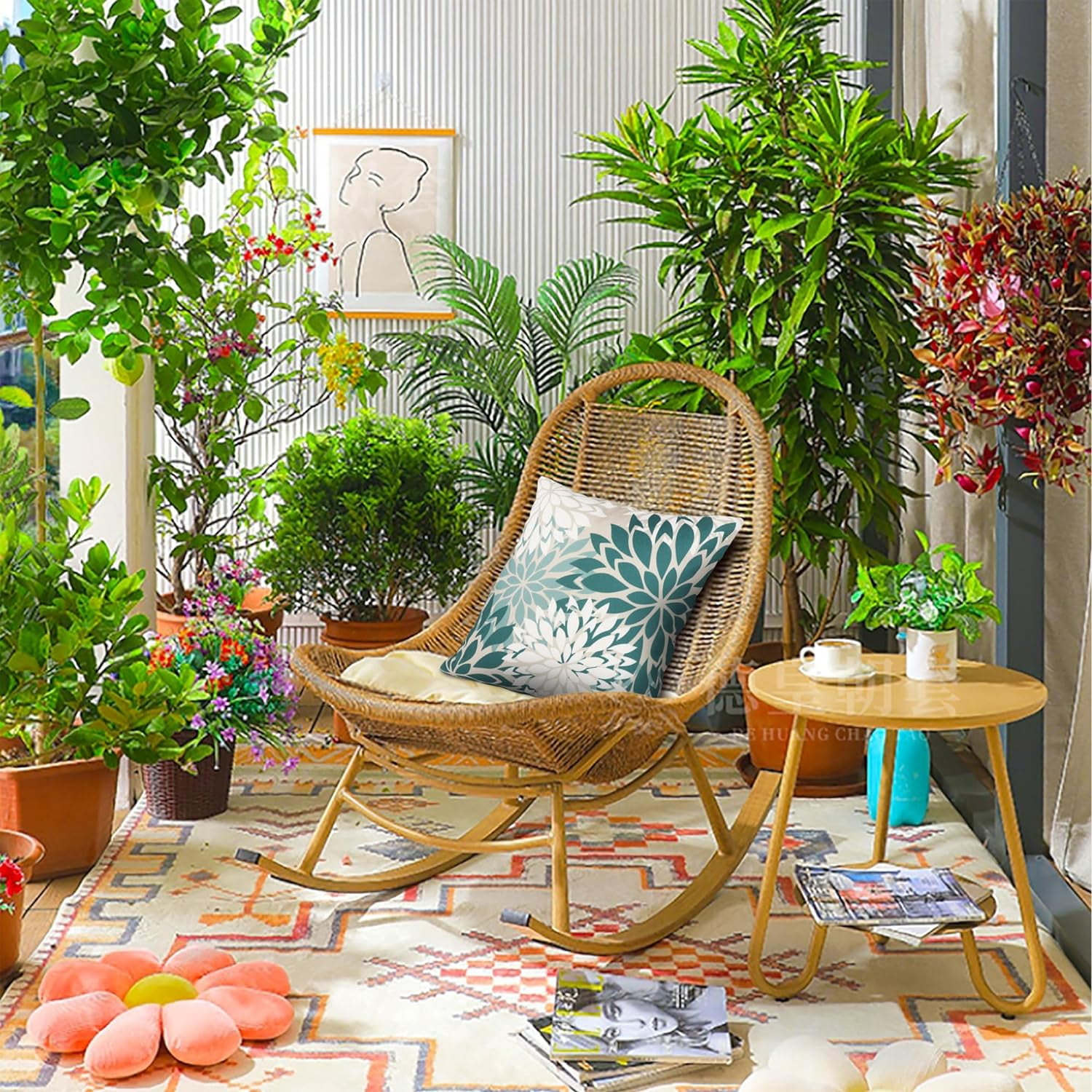 Green and Orange Floral Throw Pillow Covers 18x18 inch Set of 4 Outdoor and Indoor Farmhouse Decorative Linen Pillow Cover - Waterproof Pillow Covers for Patio Garden Living Room Bed Sofa