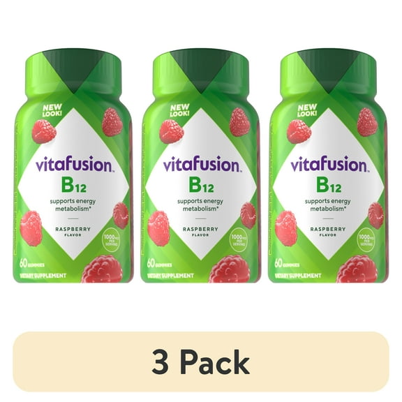 (3 pack) vitafusion Vitamin B12 Gummy Vitamins, 1,000 mcg, Raspberry Flavored, 60 Count