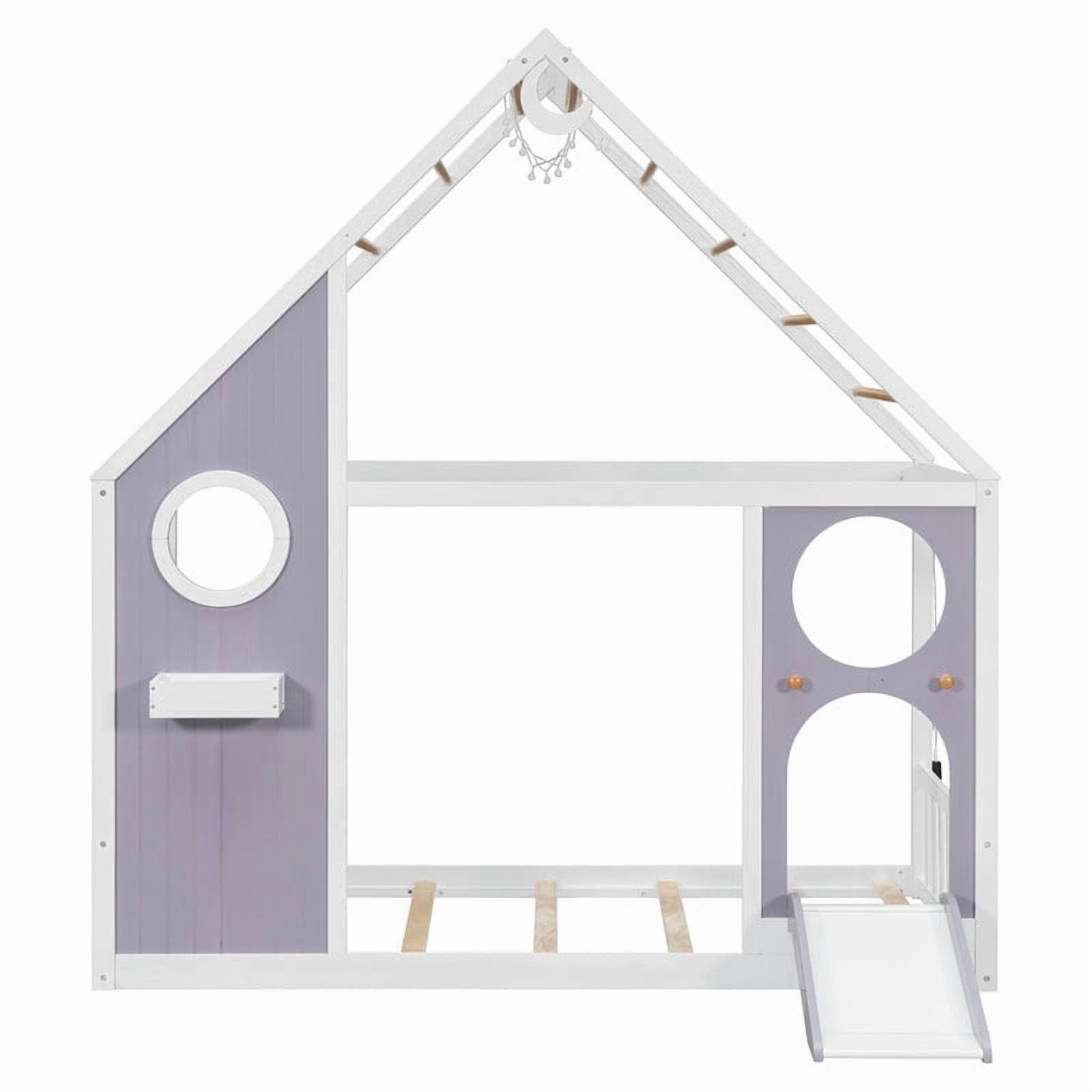 Twin Size Kids House Bed with Small Slide, Wooden Playhouse Floor Design Platform Bed Frame with Light Strip & Storage Shelf