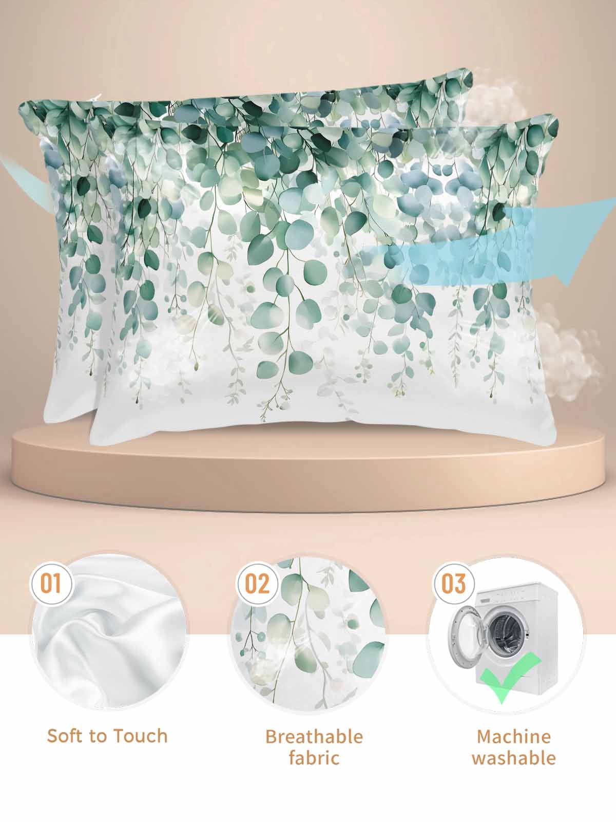Eucalyptus Leaves Pillow Cases King Size Set of 2, Smooth Satin Pillowcase for Hair and Skin, Green Botanical Summer Spring Leaves Decorative Cooling Bed Pillow Covers with Zipper, 20x36 Inches