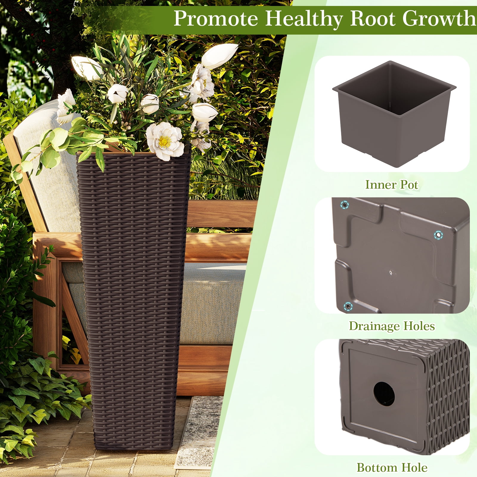 Patiojoy Set of 2 Planters for Outdoor Plants Tall Tapered Plants w/Inner Trays Drainage Holes Coffee