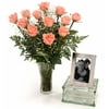 Mother's Day Coral Pink Roses With Silver Frame and Designer Vase