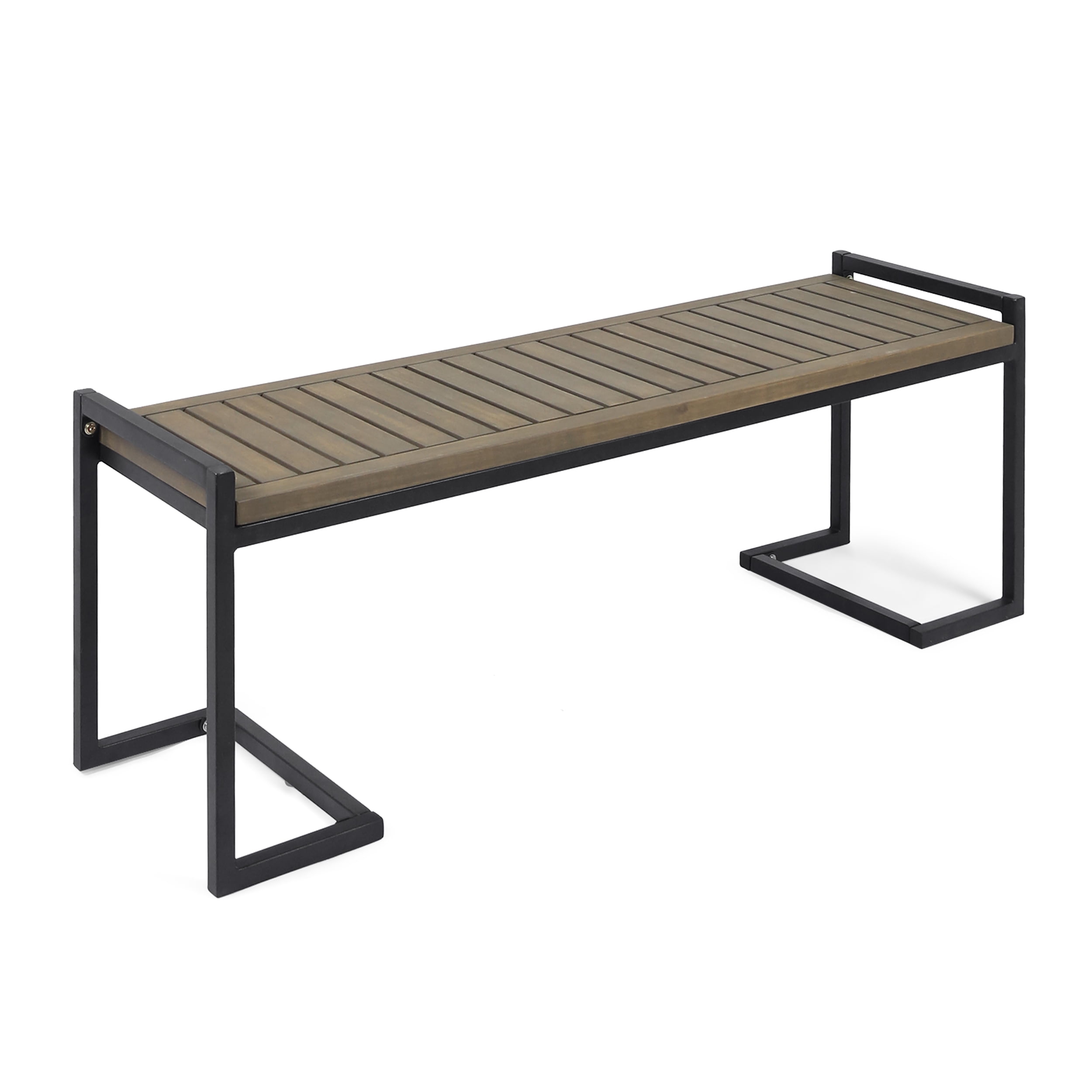 Outdoor Industrial Style Leisure Bench, Wood and Metal Combined Rest Seat for Patio Garden, Gray and Black
