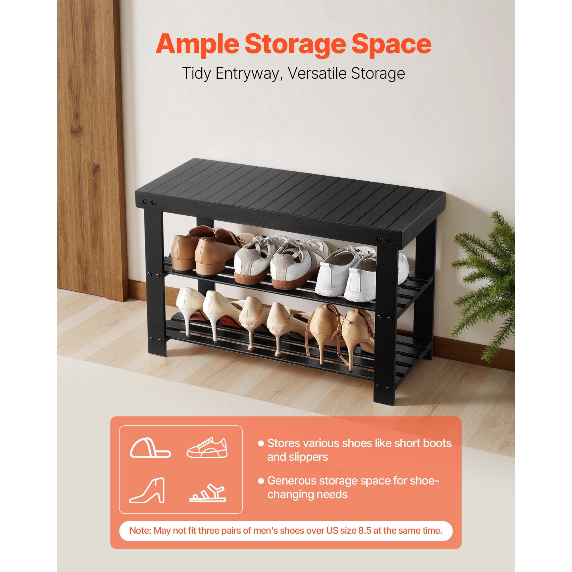 KFFKFF 3-Tier Wooden Shoe Rack Bench, Sturdy Shoe Organizer with 286 lbs Capacity, 27.6 x 11.3 x 17.8 Inches, Ideal for Hallways, Bedrooms, and Living Spaces, Black