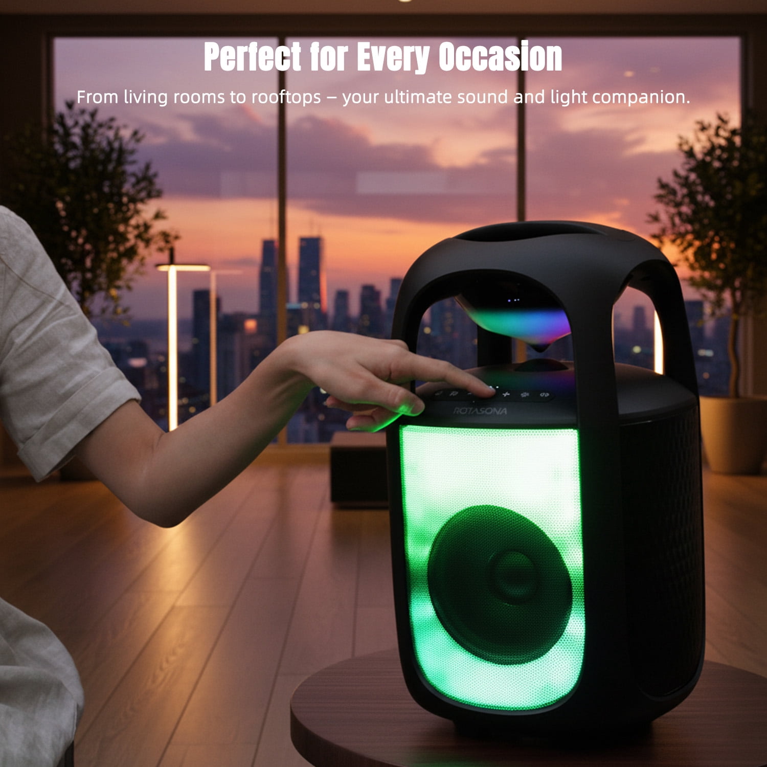 Rotasona Max Portable Bluetooth Party Speaker with RGB Lights, 360 Sound, Deep Bass, Outdoor EQ, USB Playback, IPX4, Black
