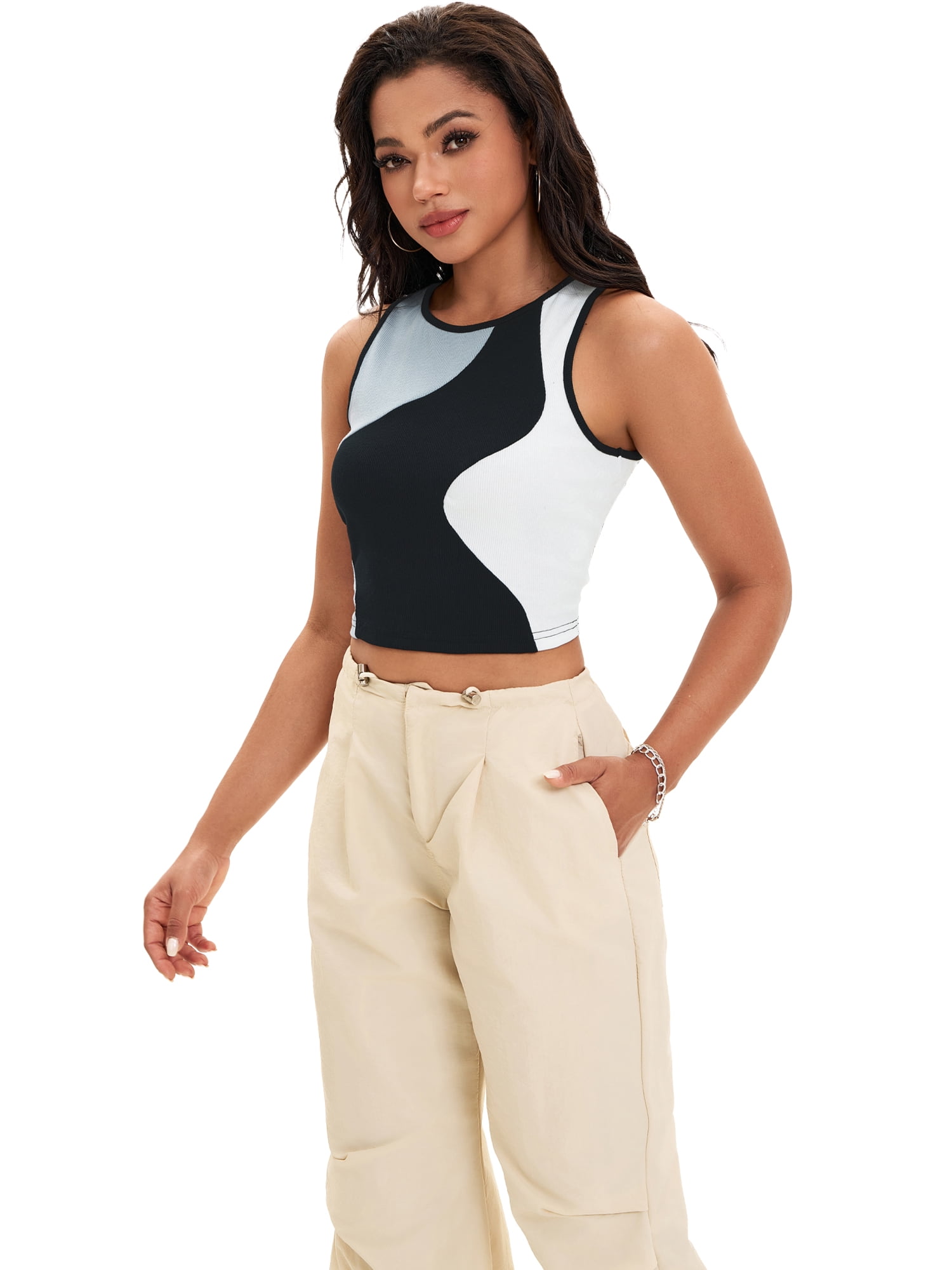 DARING DIVA Women's Color Block Ribbed Sleeveless Crop Tank Tops L Black Gray