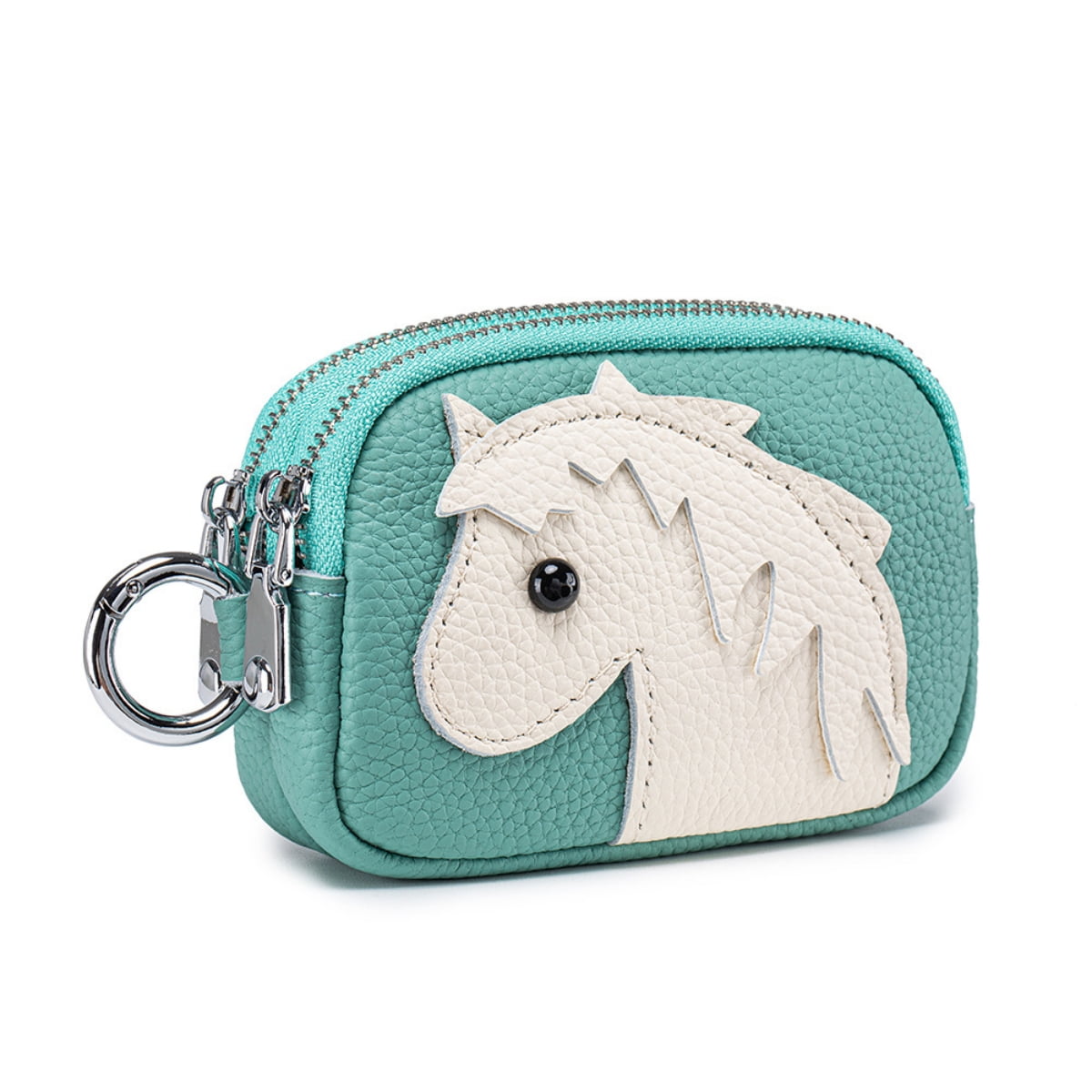 Genuine Leather Coin Purse for Women Double Zipper Small Change Pouch with Cute Horse Pattern Portable Mini Wallet Key Holder Detachable Bag Charm for Tote Bag Decoration