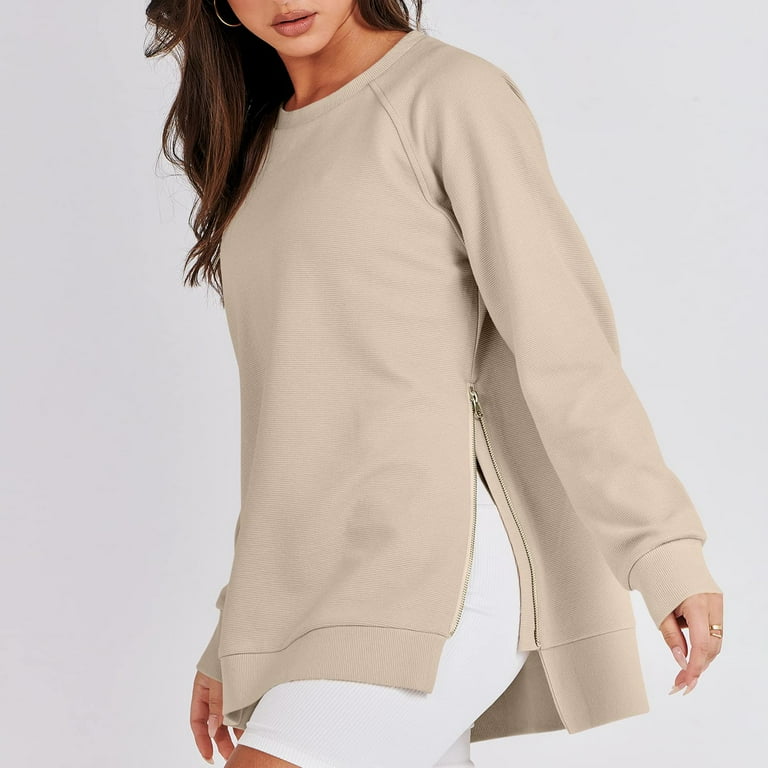 REORIAFEE Women s Sweatshirts Zip up Side Zipper Hem Shirt Long