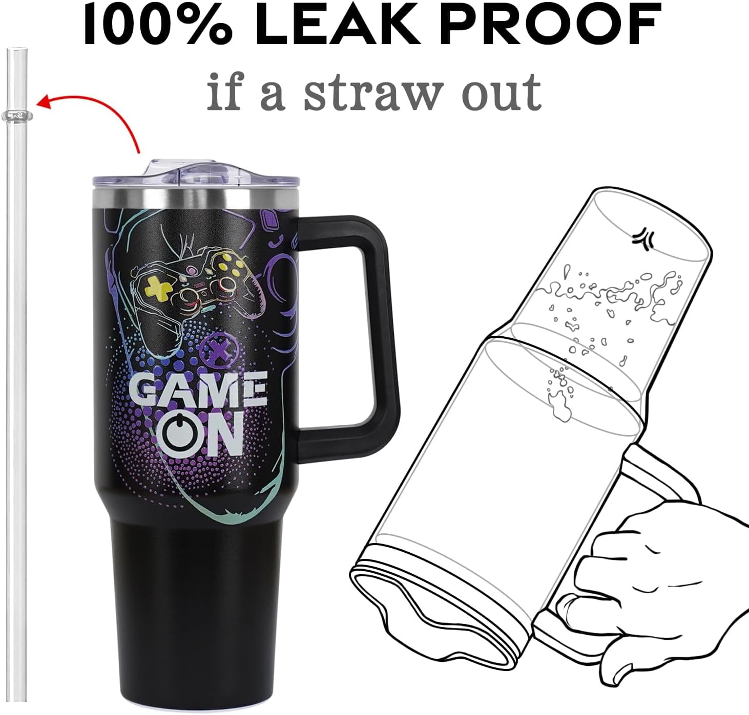Gamer Gifts 40 oz Tumbler with Handle and Straw Lid for Men,Cool Gaming Video Game Gamepad Presents for Teens Son Dad Boyfriend Husband Father Christmas Easter Birthday Gift Tumbler Coffee Cup Mug