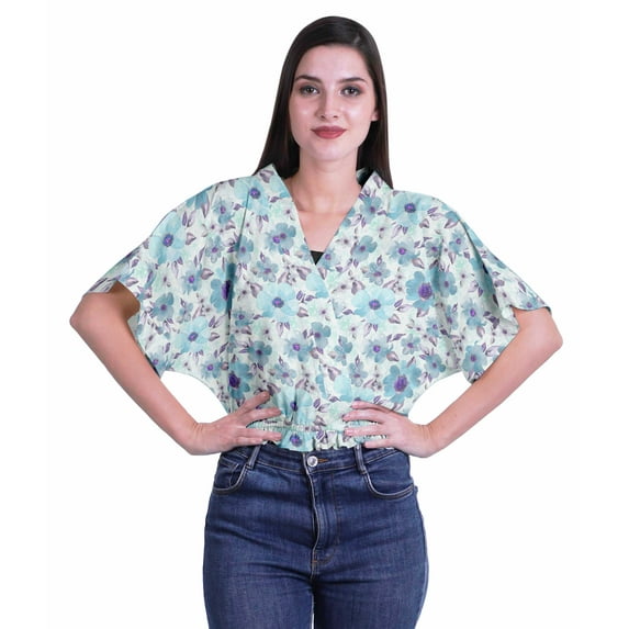 Moomaya Printed Womens Wrap Blouse Moss Georgette Elastic Waist Summer Crop Top