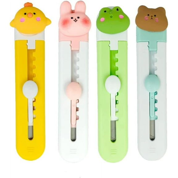 Cute Box Cutter, 4Pcs Retractable Mini Art Cutter,Cloud Fruits Animal Pattern Kawaii Utility Knife Portable Letter Opener for Cutting Envelopes Paper Bags Express Unpacking Cutting DIY Crafts