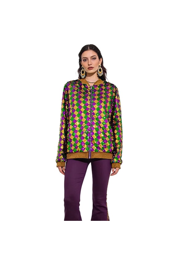 Argyle Sequin Bomber Jacket for Women, Ribbed Trim Zip Up, Mardi Gras Carnival Party Outerwear, 1 Piece, S-XXL, Plus Size Friendly