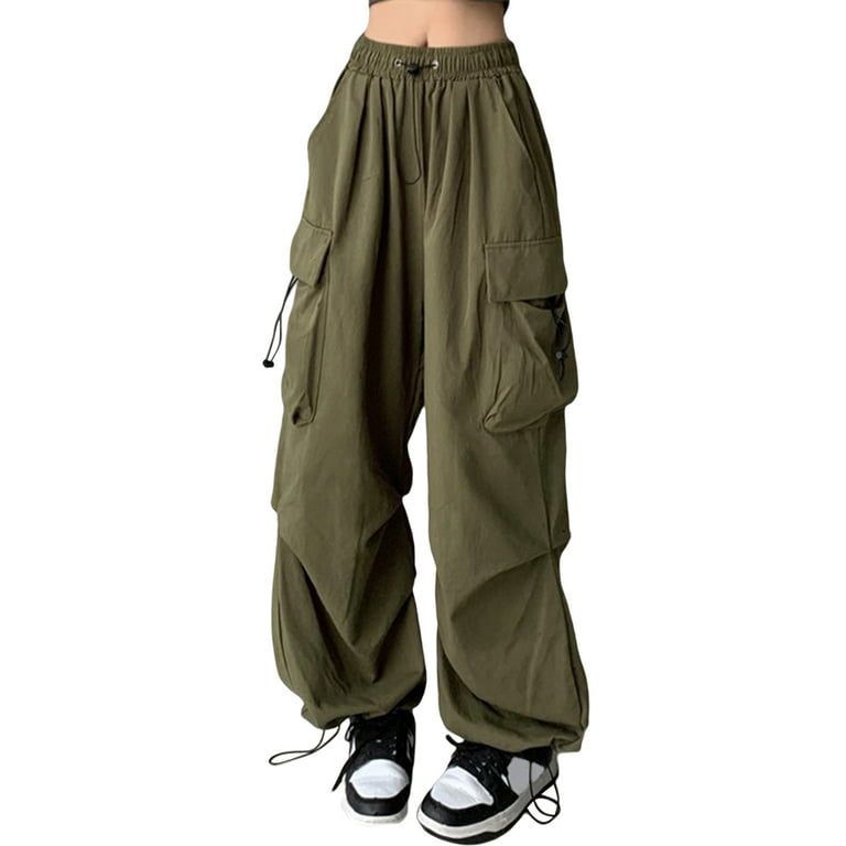 Women Casual High Waist Cargo Pants Ladies Loose Solid Trousers Side Pockets  Elastic Waist 