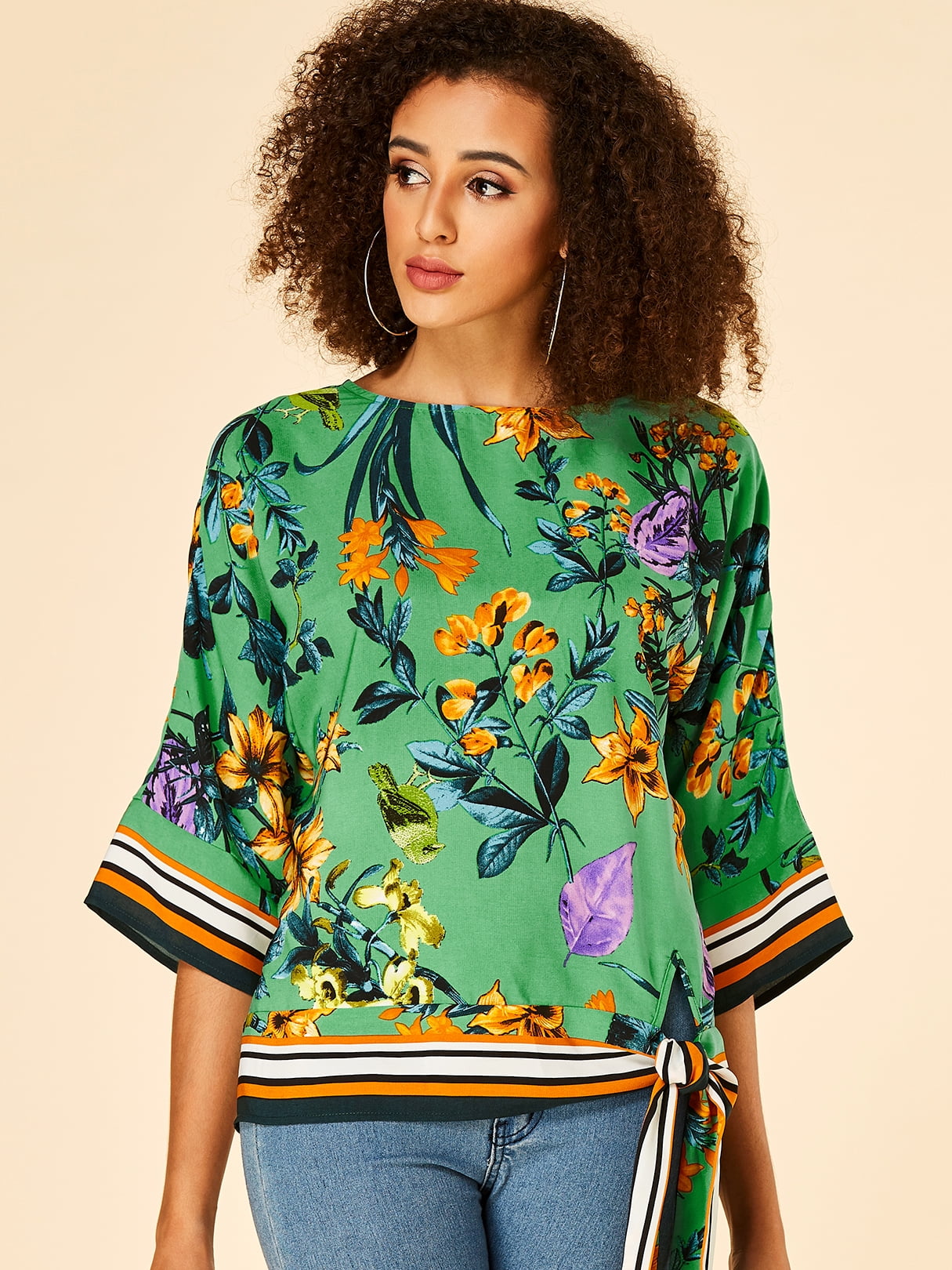 YOINS Women's Green Tropical Print Stripe Round Neck Blouse 3/4 Sleeve Tops Shirt Walmart Canada