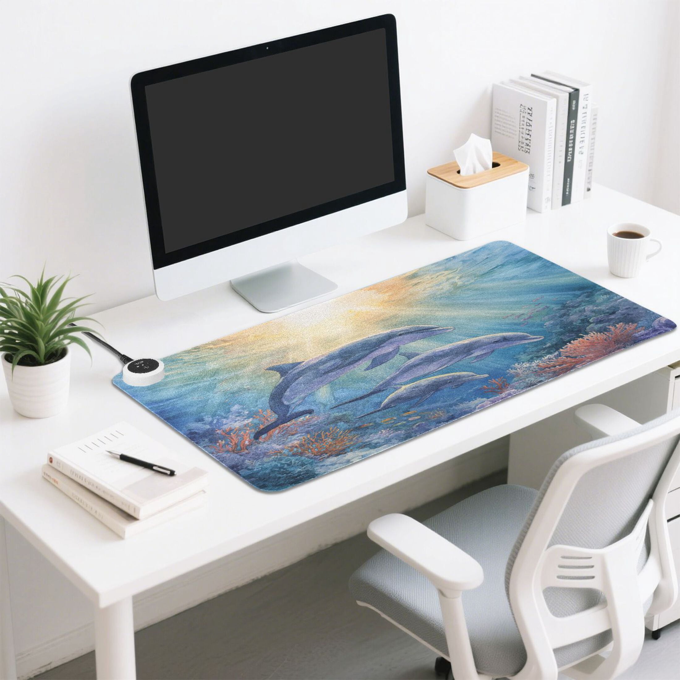 Large Heated Desk Mat Mouse Pad 31.5"x13"PU Leather Graphene Heating Desk Warmer with 3 Temperature Settings 110V US Plug Non-Slip Warm Pad for Home, Office, and Gaming Sunlit Dolphin Pod Print
