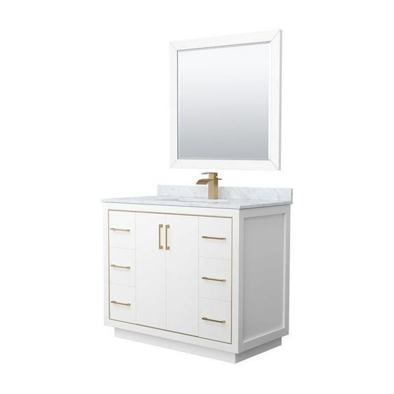 42" Bathroom Vanity Set - White Carrara Marble, Sink, Mirror, Satin Bronze Trim