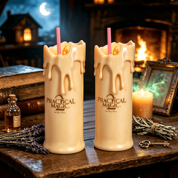 2Pack Practical Magic 2 Flicker Flame Candle Tumbler with Straw, Dripping Candle Style Novelty Drink Cup with Flame Detail, Beverage Tumbler for Halloween Christmas Gift