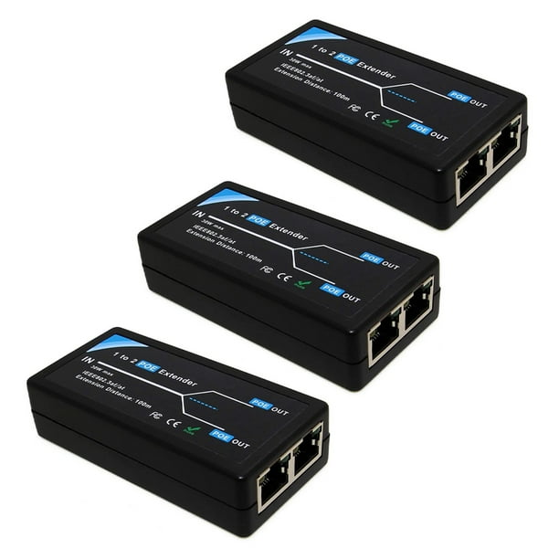 3X Extensor POE de 2 Puertos 10 / 100Mbps con Entrada / Salida Estándar IEEE 802.3Af para Cámara IP Extienda 100 Metros