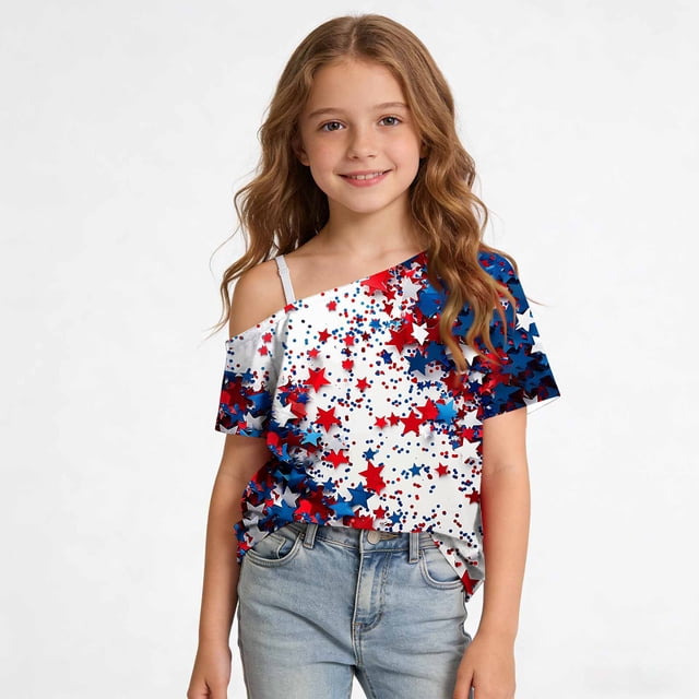 Odeerbi Niñas 4 de Julio Camiseta de Un Hombro Manga Corta Día de La Independencia Tops Gráficos