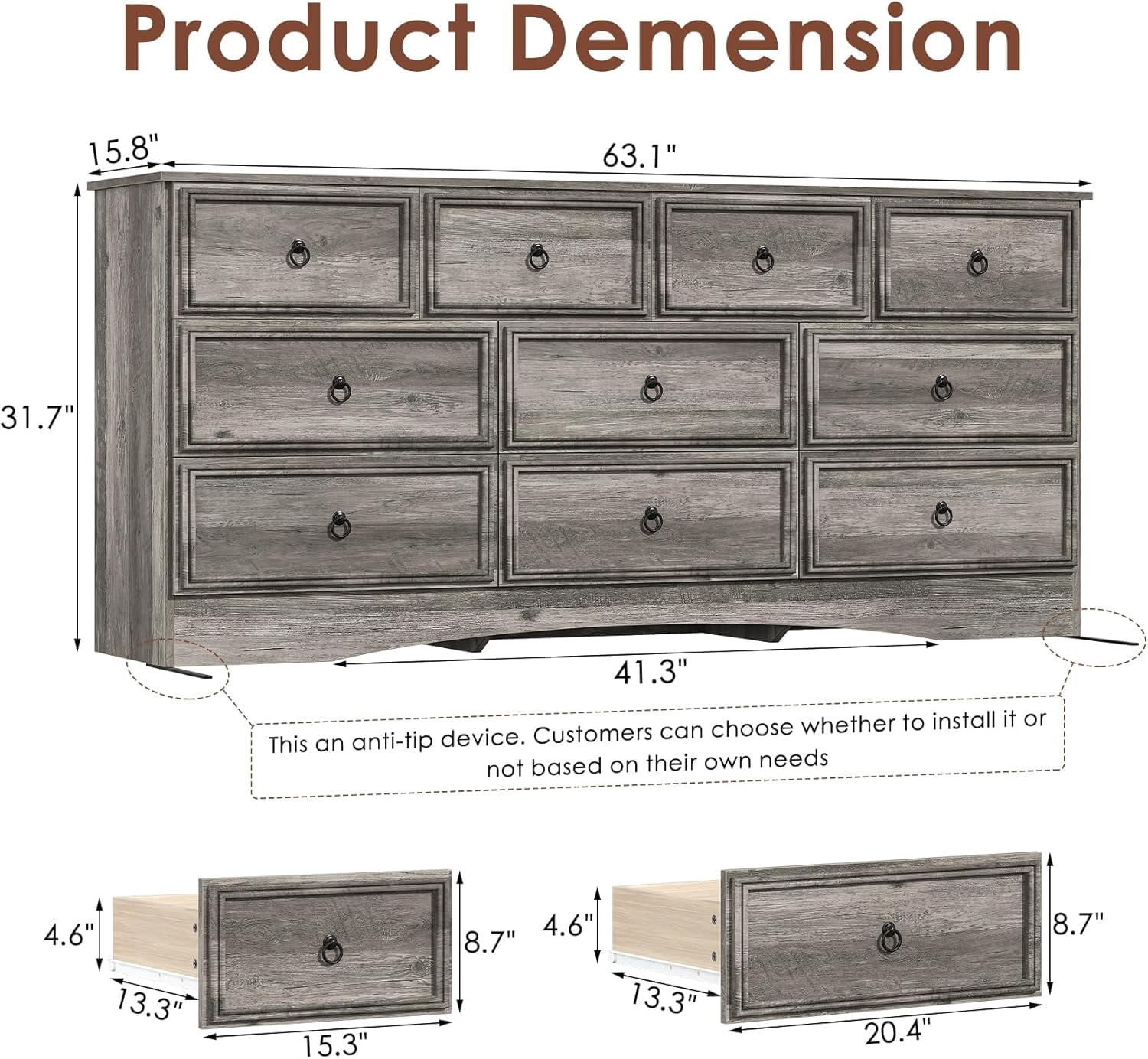 Frmobepts 10 Drawer Dresser for Bedroom, Dresser TV Stand, Chest of Drawers for Storage and Organization, Gray