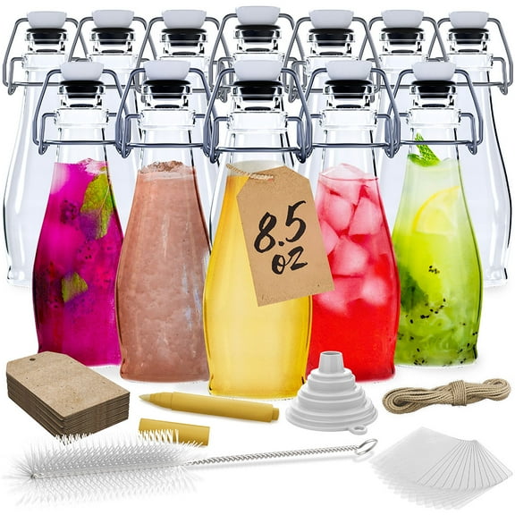 Nevlers 8.5 oz Teardrop Swing Top Glass Bottles (Pack of 12) | Includes Funnel, Brush, Tags, Shrink Wrap and Marker