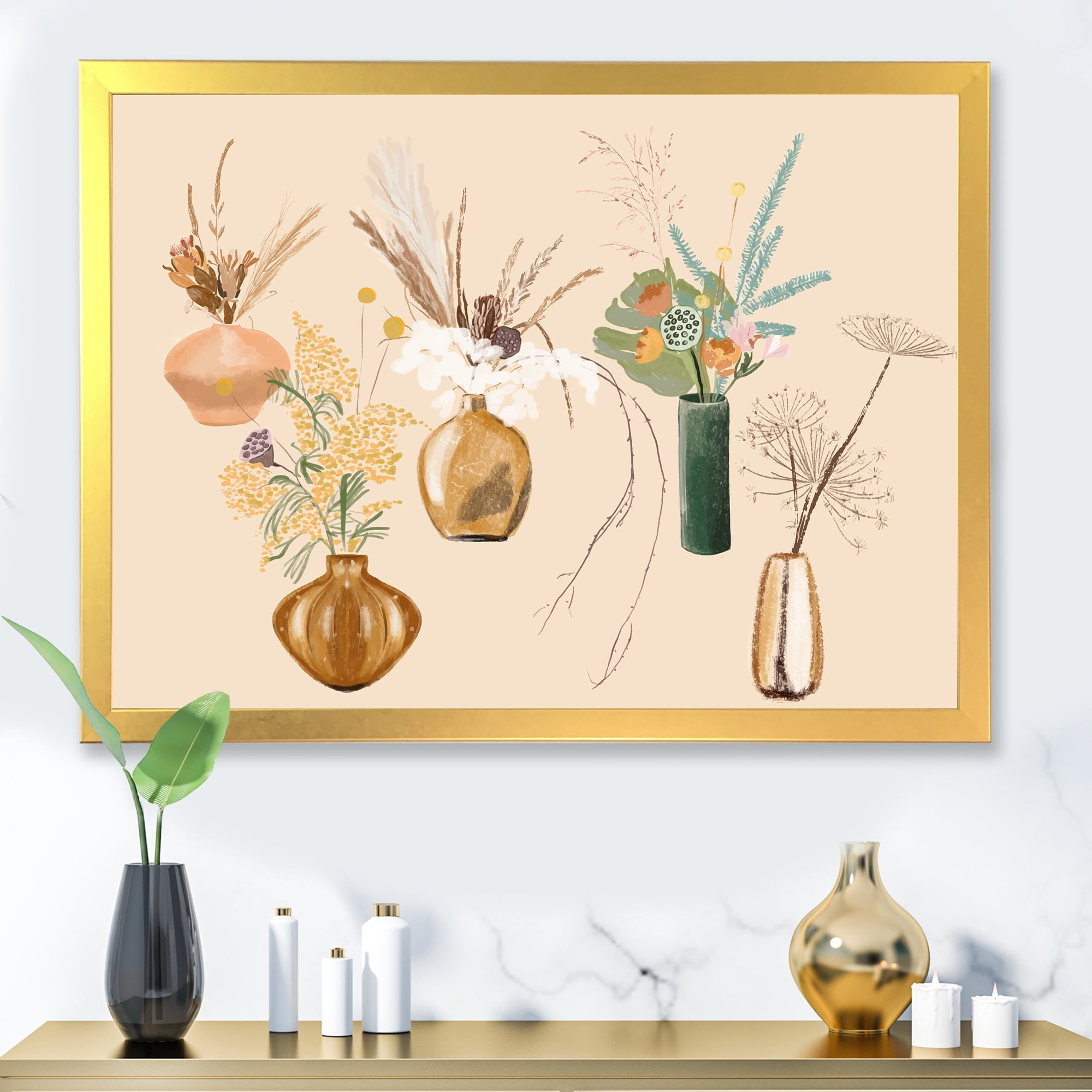 Designart 'Gold Vases With Bouquets Of Wildflowers III' Traditional Framed Art Print