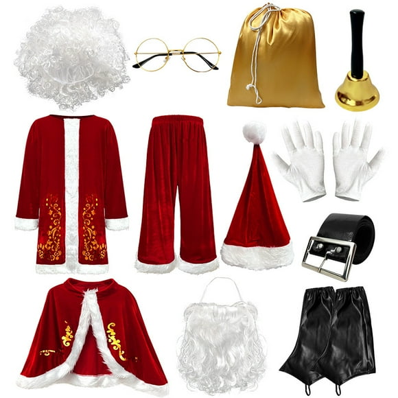 Men’s Santa Claus Costume Set – 12-Piece Christmas Suit with Gold Foil Print, Laser Patent Leather Jacket & Pants, Holiday Performance Outfit