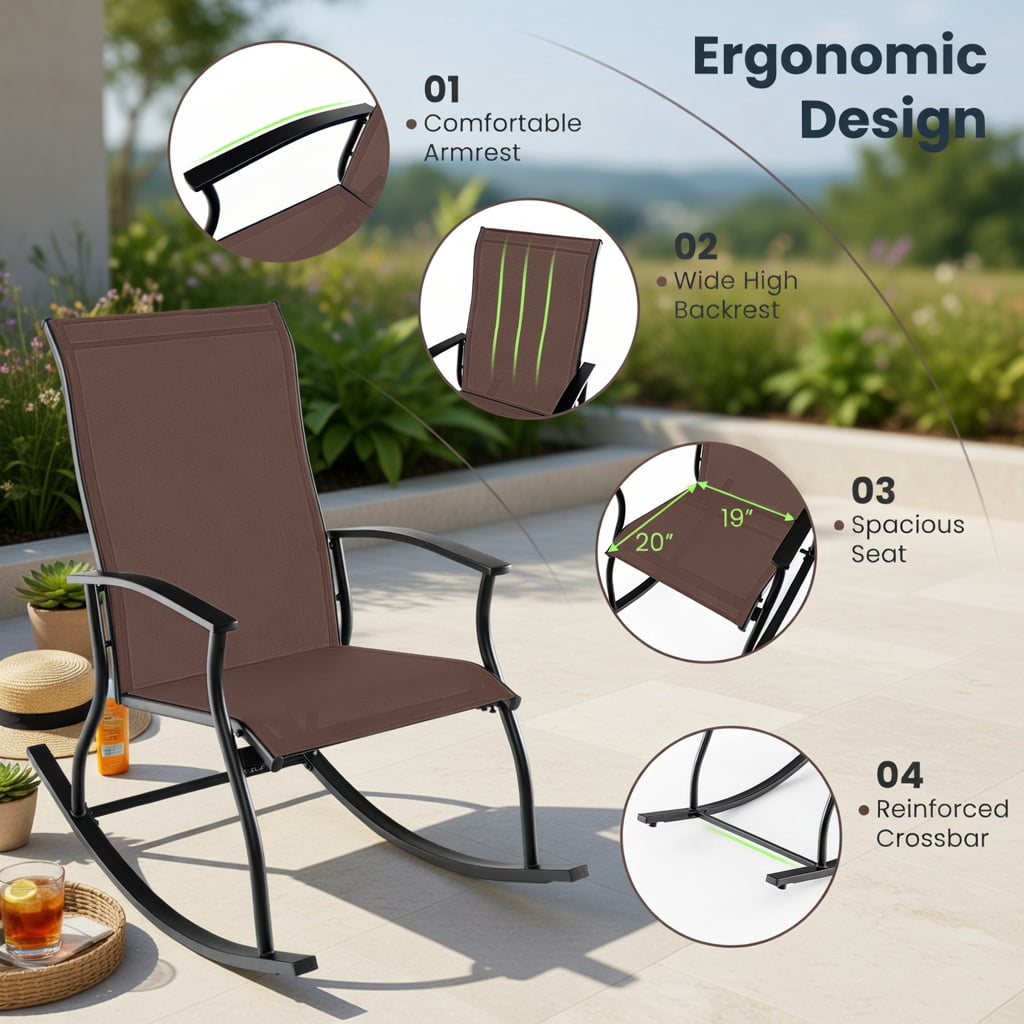 Hommoo 2-Pack Outdoor Rocking Chairs, Breathable Fabric Seat, Rust-Resistant Metal Frame, Ergonomic Back Support, Brown