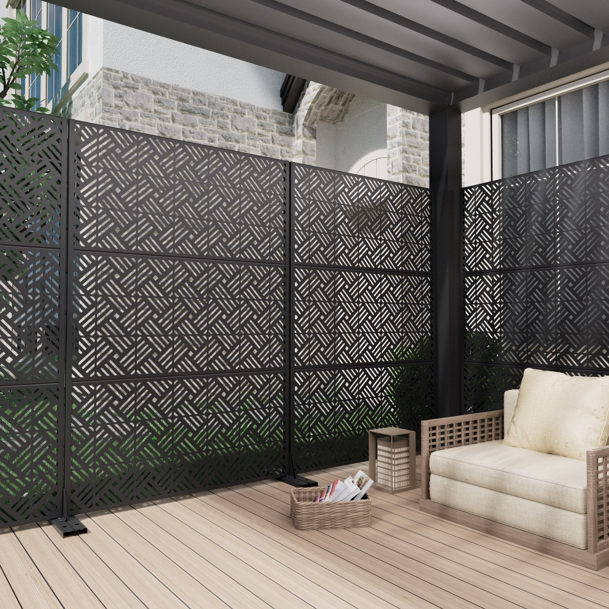 MAYEERTY 72*47" Outdoor Black Metal Freestanding Sheet Privacy Panel Screen for Patio, Woven Pattern