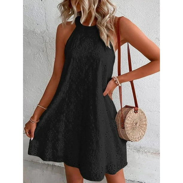 Vestido corto holgado con cuello Halter para mujer, traje elegante de encaje sin mangas, informal, para fiesta y playa, Y2K, color negro, 2024
