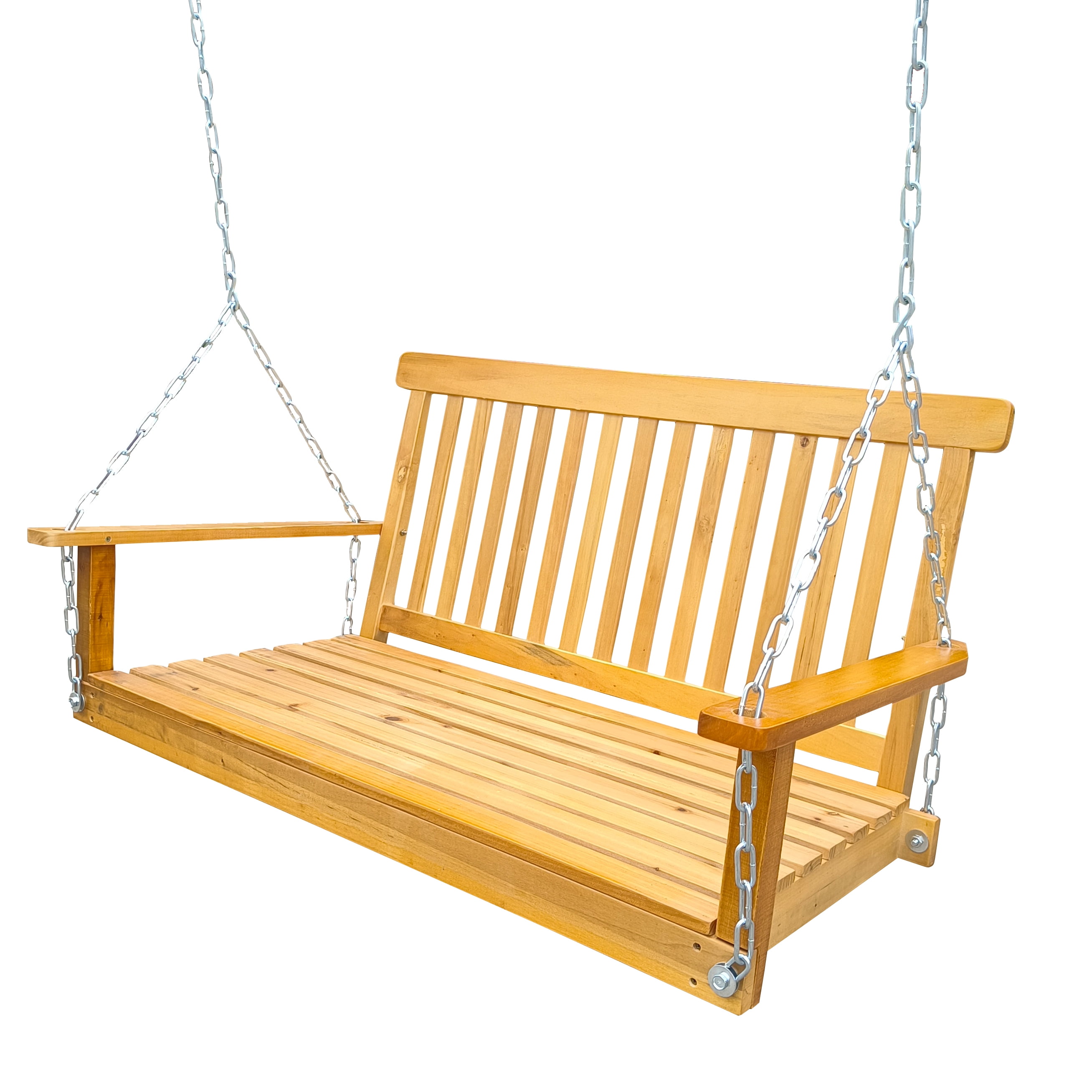 Hanging Porch Swing, Wooden Bench Swing with Armrests and Hanging Chains for Yard Garden Patio, Teak