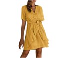thumbnail image 1 of Fridja Robe Femme Col en V Couleur Unie en Chiffon Taille Élastique à Volants Manches Courtes, 1 of 9