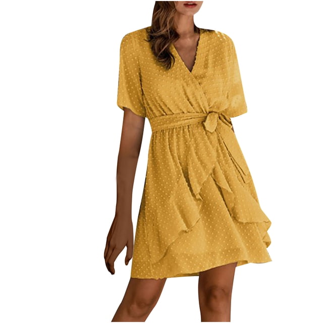 Fridja Robe Femme Col en V Couleur Unie en Chiffon Taille Élastique à Volants Manches Courtes
