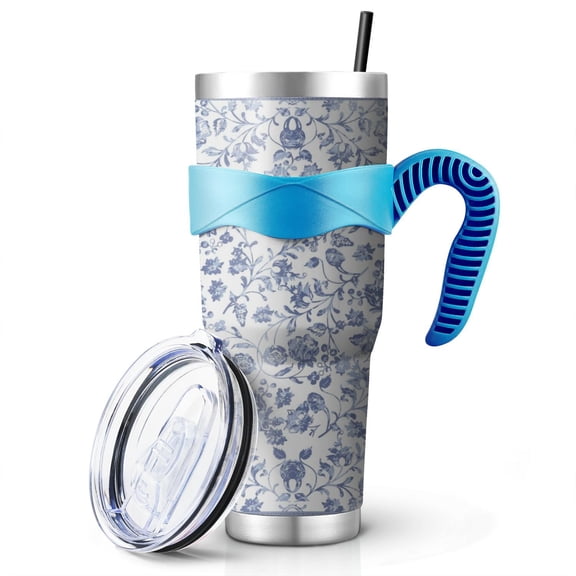 40 Oz Pioneer Tumbler with Handle and Silicone Straws,Colorful Floral Double Wall Vacuum Insulated Stainless Steel Travel Mug Leak-Proof Coffee Cup on Screw Lid and Straw