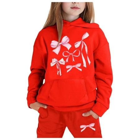 Rhuody Fall Outfits For Girls Child Long Sleeve Solid Hoodie Pullover Tops Pants Kids Sweat Suit Red 10-11 Years