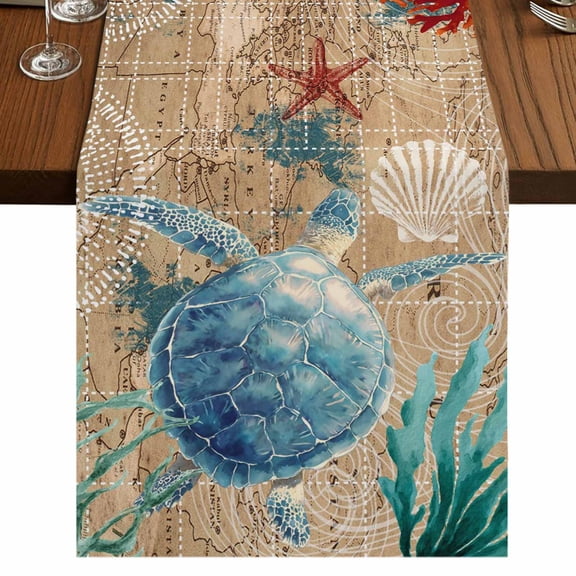 Brown Sea Turtle Coastal Burlap Cotton Table Runner 13x70 Inches Long, Nautical Coral Ocean Vintage Farmhouse Table Runners, Outdoor Dining Tablecloths Decor for Baby Shower/Party/Wedding