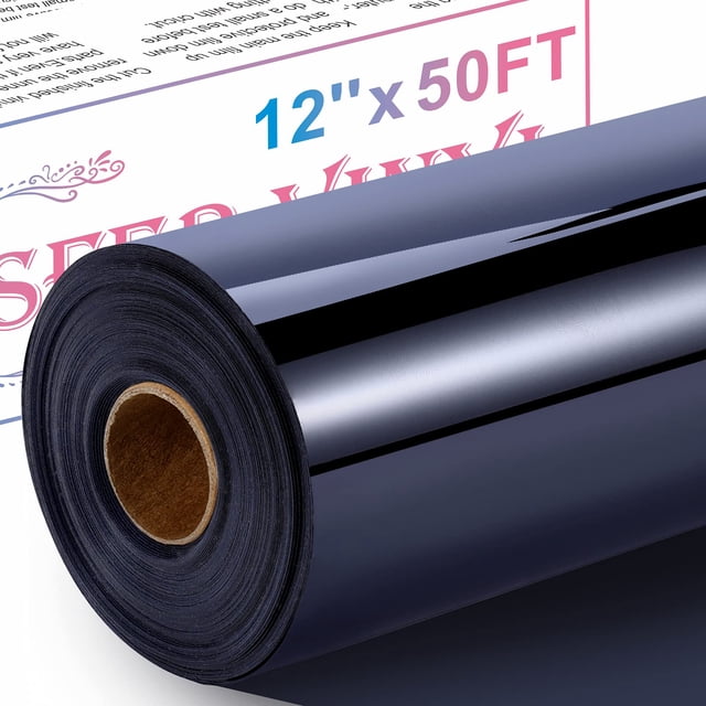 XSEINO Rollo de vinilo de transferencia de 12 pulgadas x 50 pies, rollo de vinilo negro HTV con teflón para camisas, rollo de vinilo negro para planchar para Cricut y Cameo, fácil de cortar para diseñ