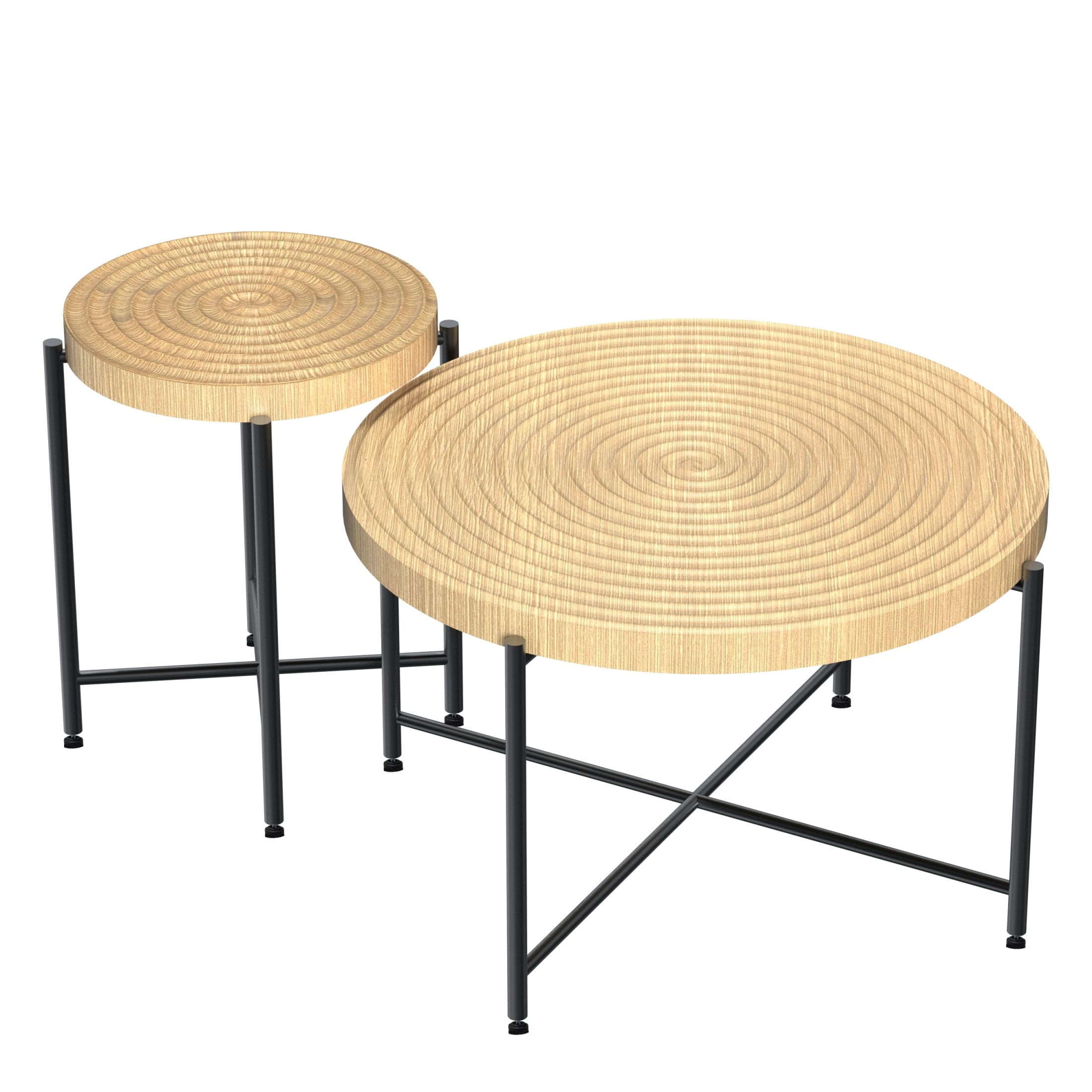 GDF Studio 2-Piece Coffee and End Table Set with Radial Ring Pattern Tabletops, Black Metal Legs, Natural Oak