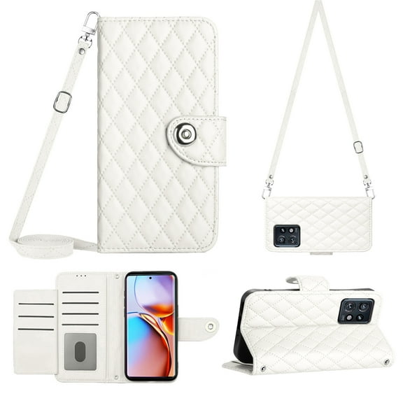 for Moto Edge Plus 2023 Wallet Case RFID Blocking Card Slots Holder with Shoulder&Crossbody Strap, Magnetic Folio Kickstand Handbag Flip Phone Cover for Motorola Moto Edge Plus 2023, White